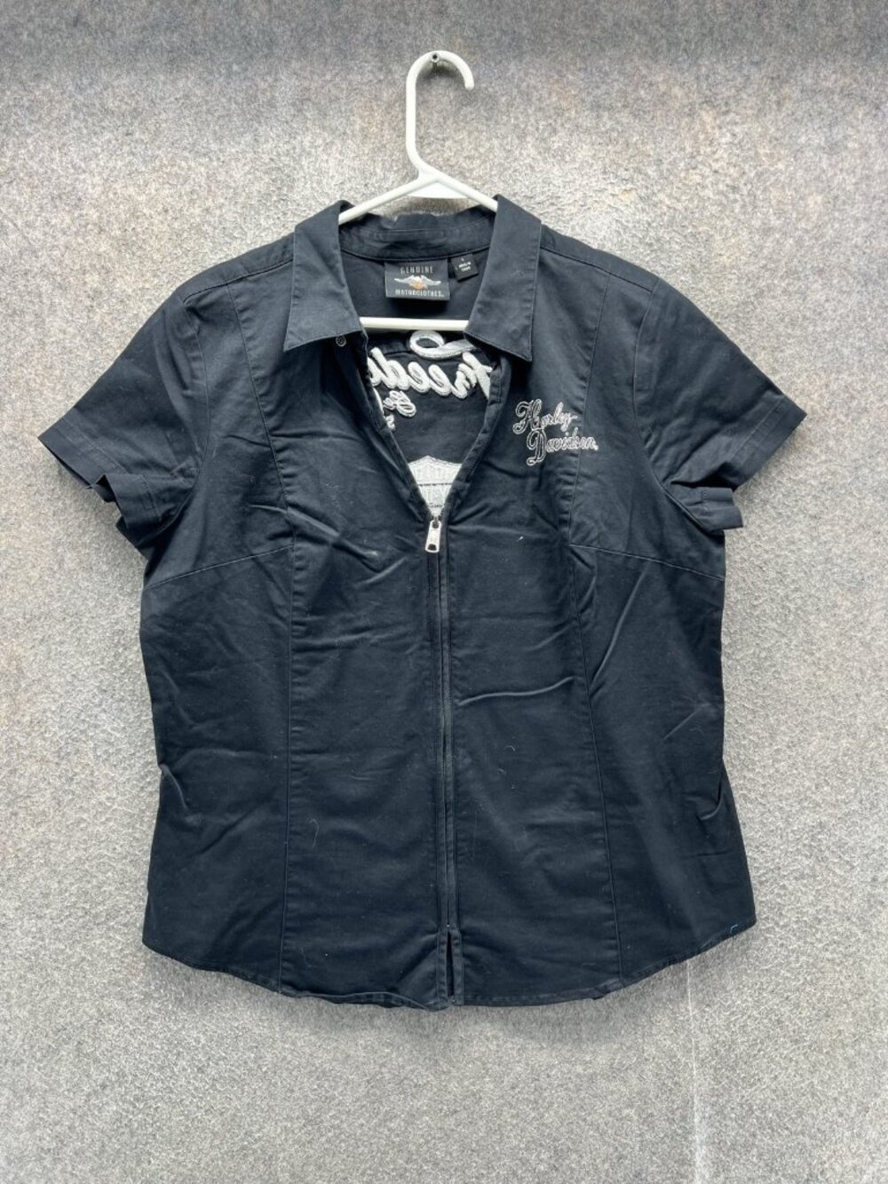Harley-Davidson Blouse Women Large Black Collared Short Sleeve Full Zip Biker